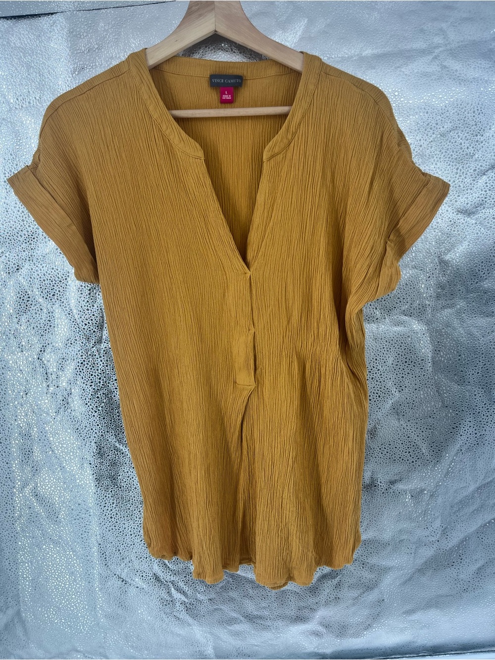 Women's Mustard Yellow OfficeCrinkle Gauze V-Neck Tunic Top Relaxed Office SizeL